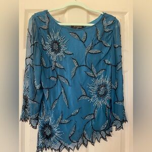 J Kara Teal Beaded Floral Mesh Top
